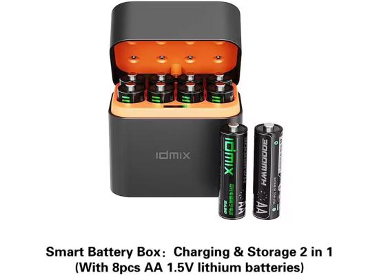 IDMIX Rechargeable Battery Set with 8pcs AA X8 1.5V lithium batteries Smart Battery Box Charging & Storage 2 in 1 1200+ cycles